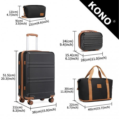 Kono Abs 4 Wheel Suitcase Set with Vanity Case, Weekend Bag and Toiletry Bag - Black/Brown