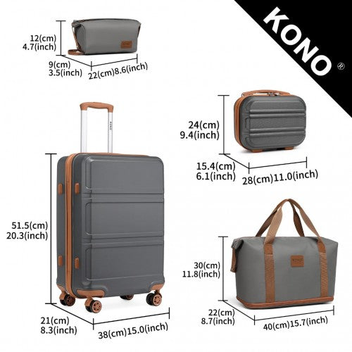 Kono Abs 4 Wheel Suitcase Set with Vanity Case, Weekend Bag and Toiletry Bag - Grey/Brown