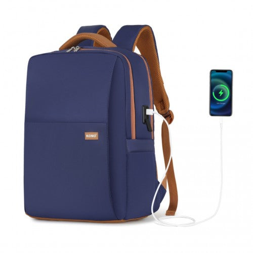 Kono Water-Resistant Laptop Backpack with USB Charging Business Rucksack for Travel Commuter Features Includes Matching Pouch 2 Pc Set - Navy/Brown