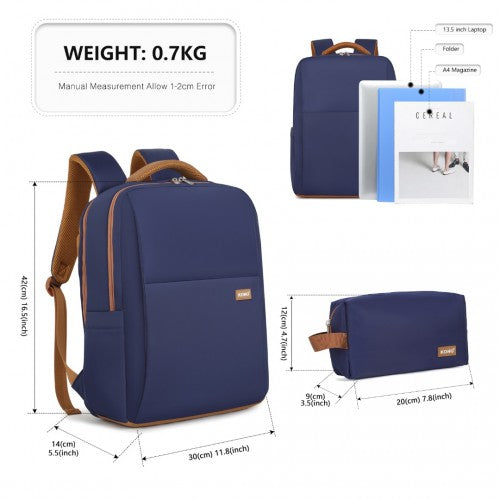 Kono Water-Resistant Laptop Backpack with USB Charging Business Rucksack for Travel Commuter Features Includes Matching Pouch 2 Pc Set - Navy/Brown