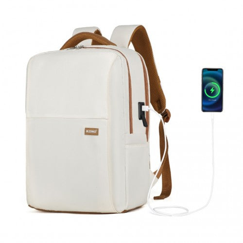 Kono Water-Resistant Laptop Backpack with USB Charging Business Rucksack for Travel Commuter Features Includes Matching Pouch 2 Pc Set - Cream/Brown