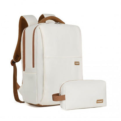 Kono Water-Resistant Laptop Backpack with USB Charging Business Rucksack for Travel Commuter Features Includes Matching Pouch 2 Pc Set - Cream/Brown