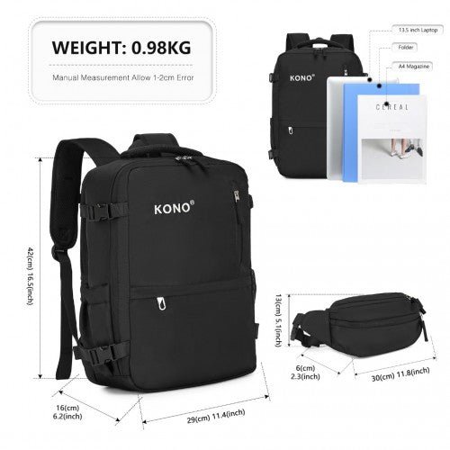 Kono Ultimate Traveler's Backpack with Detachable Waist Pack and Integrated USB/Type-C Charging Ports - BlackKono Ultimate Traveler's Backpack with Detachable Waist Pack and Integrated USB/Type-C Charging Ports - Black