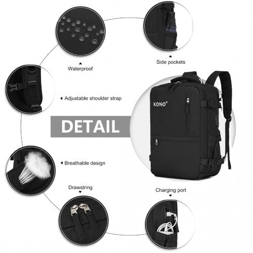 Kono Ultimate Traveler's Backpack with Detachable Waist Pack and Integrated USB/Type-C Charging Ports - BlackKono Ultimate Traveler's Backpack with Detachable Waist Pack and Integrated USB/Type-C Charging Ports - Black