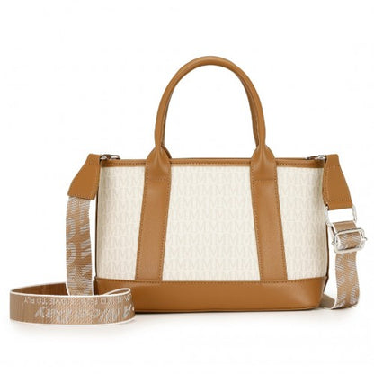 Miss Lulu Elegant PVC Leather Tote Bag with Monogram Pattern Convertible Shoulder Strap Top Handle Women's Handbag - Beige