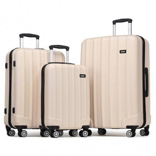 Kono 19/24/28 Inch 3 Piece Set Striped ABS Hard Shell Luggage with 360-Degree Spinner Wheels - Biege