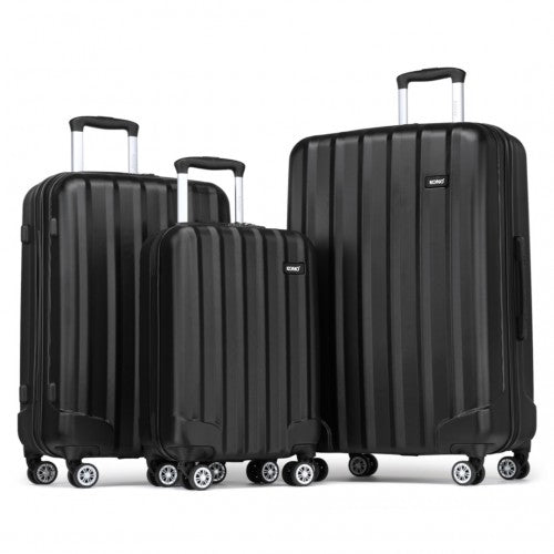 Kono 19/24/28 Inch 3 Piece Set Striped ABS Hard Shell Luggage with 360-Degree Spinner Wheels - Black