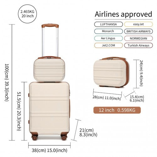 Kono Abs 4 Wheel Suitcase Set with Vanity Case, Weekend Bag and Toiletry Bag - Beige/Brown