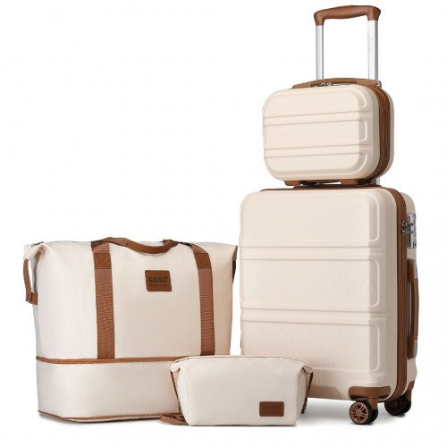 Kono Abs 4 Wheel Suitcase Set with Vanity Case, Weekend Bag and Toiletry Bag - Beige/Brown