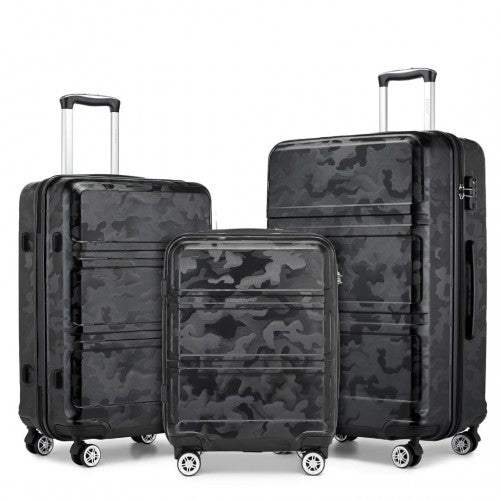 Kono ABS Sculpted Horizontal Design 3 Piece Suitcase Set - Camouflage Black