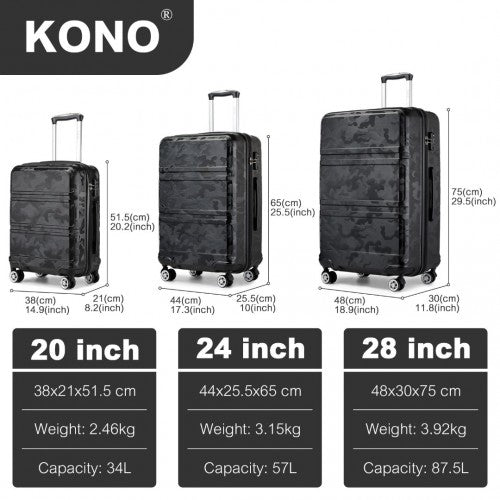 Kono ABS Sculpted Horizontal Design 3 Piece Suitcase Set - Camouflage Black