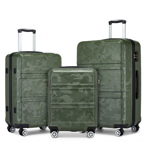 Kono ABS Sculpted Horizontal Design 3 Piece Suitcase Set - Camouflage Green / Black