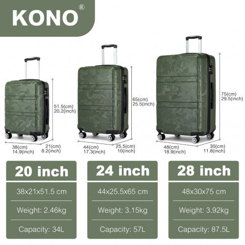 Kono ABS Sculpted Horizontal Design 3 Piece Suitcase Set - Camouflage Green / Black