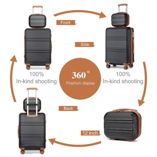 Kono Abs 4 Wheel Suitcase Set with Vanity Case, Weekend Bag and Toiletry Bag - Black/Brown