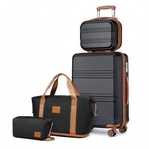 Kono Abs 4 Wheel Suitcase Set with Vanity Case, Weekend Bag and Toiletry Bag - Black/Brown