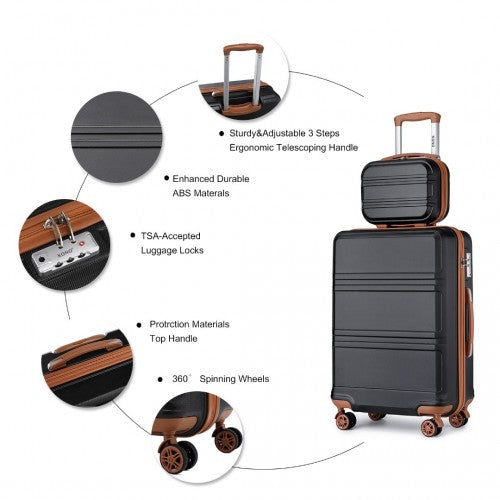 Kono Abs 4 Wheel Suitcase Set with Vanity Case, Weekend Bag and Toiletry Bag - Black/Brown