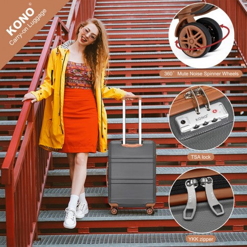 Kono Abs 4 Wheel Suitcase Set with Vanity Case, Weekend Bag and Toiletry Bag - Grey/Brown