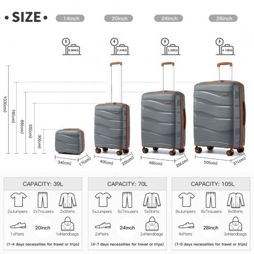 Kono Lightweight PP Hard Shell 4 Piece Suitcase Set With TSA Lock And Vanity Case - Grey/Brown