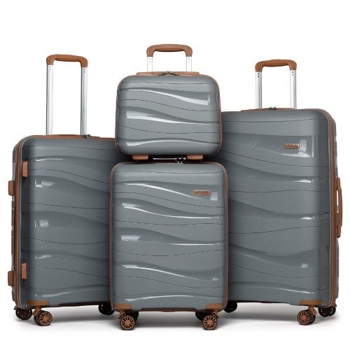 Kono Lightweight PP Hard Shell 4 Piece Suitcase Set With TSA Lock And Vanity Case - Grey/Brown