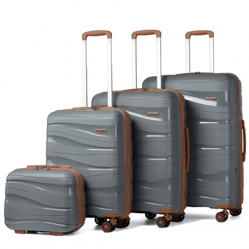Kono Lightweight PP Hard Shell 4 Piece Suitcase Set With TSA Lock And Vanity Case - Grey/Brown