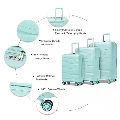 Kono Lightweight Polypropylene Hard Shell 3 Piece Suitcase Set with TSA Lock - Mint Green