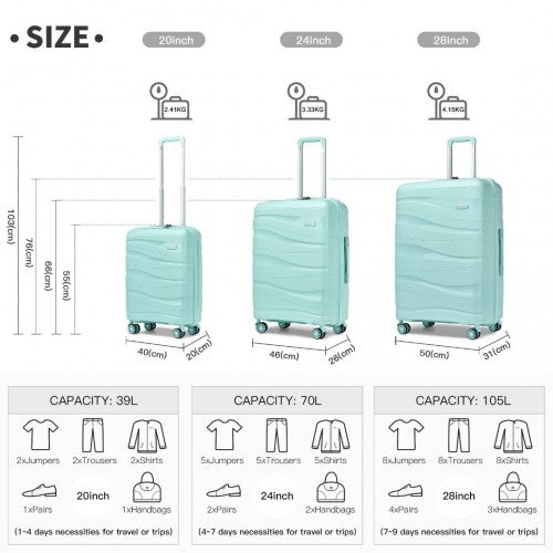 Kono Lightweight Polypropylene Hard Shell 3 Piece Suitcase Set with TSA Lock - Mint Green