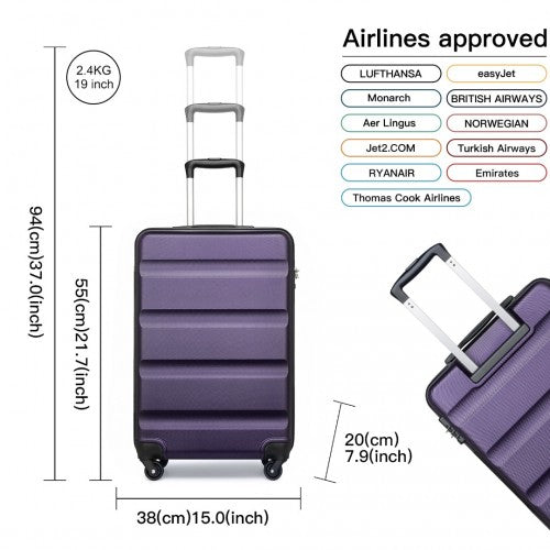 Kono 19 Inch Streamlined ABS Cabin Size Carry-on Suitcase 2 Piece Travel Set with Memory Foam Neck Pillow - Purple