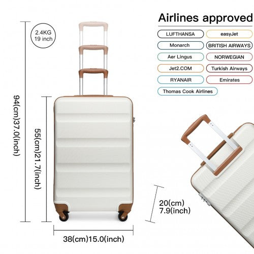 Kono 19 Inch Cabin Size Carry On Suitcase - Streamlined Lightweight ABS Hardshell With Secure TSA Lock - Cream