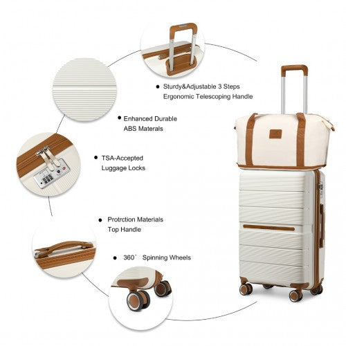 British Traveller 20 Inch Multi-Texture Polypropylene Cabin Size Suitcase 3 Piece Travel Set with Travel Tote and Cosmetic Pouch - Cream/Brown