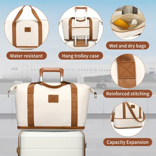 British Traveller 20 Inch Multi-Texture Polypropylene Cabin Size Suitcase 3 Piece Travel Set with Travel Tote and Cosmetic Pouch - Cream/Brown