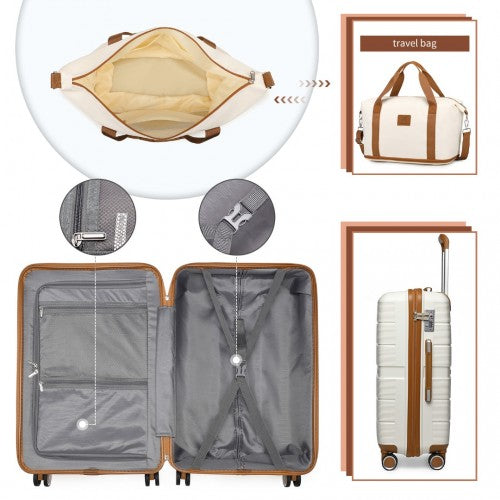 British Traveller 20 Inch Multi-Texture Polypropylene Cabin Size Suitcase 3 Piece Travel Set with Travel Tote and Cosmetic Pouch - Cream/Brown