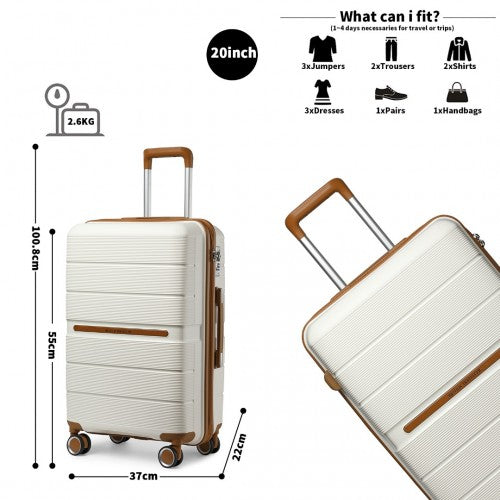 British Traveller 20 Inch Multi-Texture Polypropylene Cabin Size Suitcase 3 Piece Travel Set with Travel Tote and Cosmetic Pouch - Cream/Brown