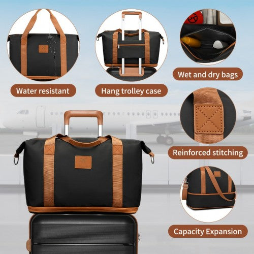 British Traveller 5 Piece Polypropylene Hard Shell Suitcase Set With Tote Bag and Cosmetic Pouch - Black/Brown