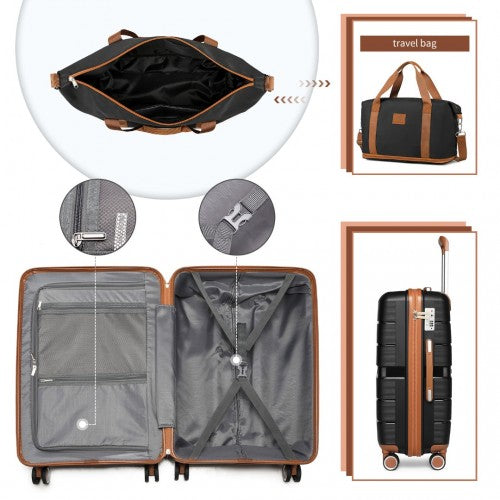 British Traveller 5 Piece Polypropylene Hard Shell Suitcase Set With Tote Bag and Cosmetic Pouch - Black/Brown