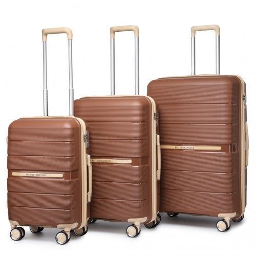 British Traveller 3 Pcs Multi-Texture Polypropylene Hard Shell Suitcase With TSA Lock - Brown/Apricot
