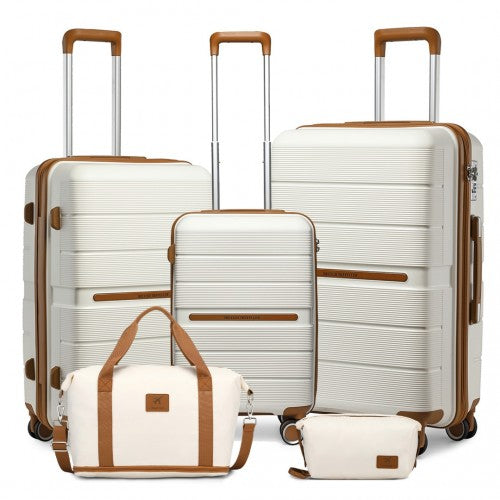 British Traveller 5 Piece Polypropylene Hard Shell Suitcase Set With Tote Bag and Cosmetic Pouch - Cream/Brown