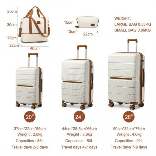 British Traveller 5 Piece Polypropylene Hard Shell Suitcase Set With Tote Bag and Cosmetic Pouch - Cream/Brown