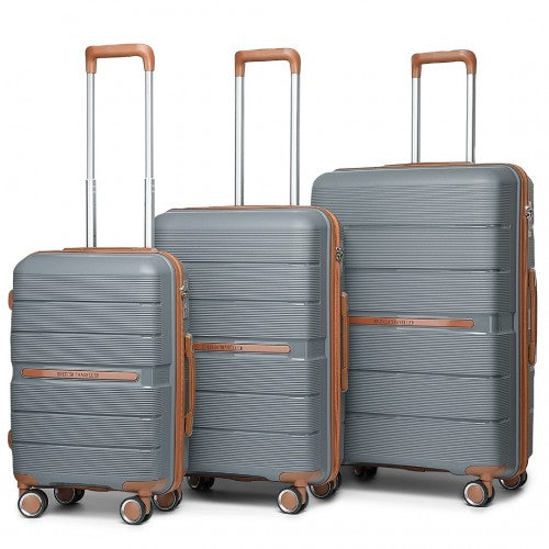 British Traveller 3 Pcs Multi-Texture Polypropylene Hard Shell Suitcase With TSA Lock - Grey/Brown