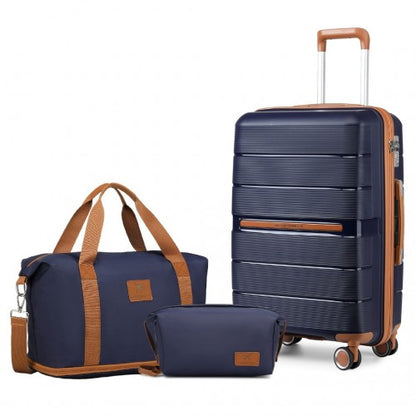 British Traveller 20 Inch Multi-Texture Polypropylene Cabin Size Suitcase 3 Piece Travel Set with Travel Tote and Cosmetic Pouch - Navy/Brown