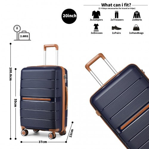 British Traveller 20 Inch Multi-Texture Polypropylene Cabin Size Suitcase 3 Piece Travel Set with Travel Tote and Cosmetic Pouch - Navy/Brown