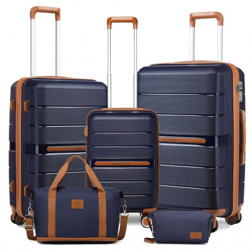 British Traveller 5 Piece Polypropylene Hard Shell Suitcase Set With Tote Bag and Cosmetic Pouch - Navy/Brown