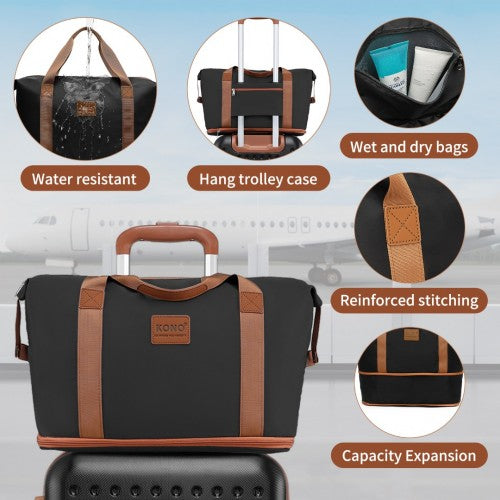 Kono 6 Piece ABS Travel Set with Hard Shell Suitcase Vanity Case Weekend Bag and Toiletry Bag - Black/Brown