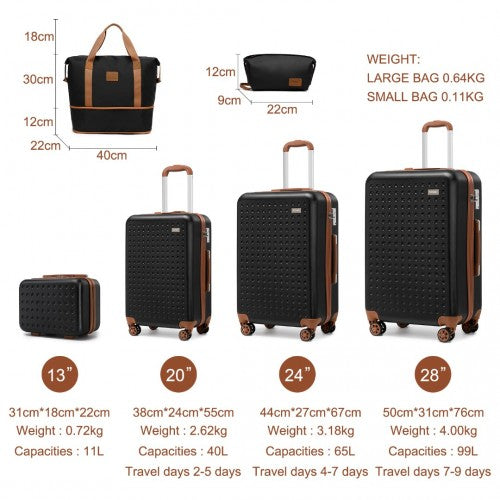 Kono 6 Piece ABS Travel Set with Hard Shell Suitcase Vanity Case Weekend Bag and Toiletry Bag - Black/Brown