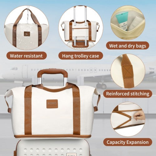 Kono 6 Piece ABS Travel Set with Hard Shell Suitcase Vanity Case Weekend Bag and Toiletry Bag - Cream/Brown