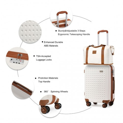 Kono 6 Piece ABS Travel Set with Hard Shell Suitcase Vanity Case Weekend Bag and Toiletry Bag - Cream/Brown