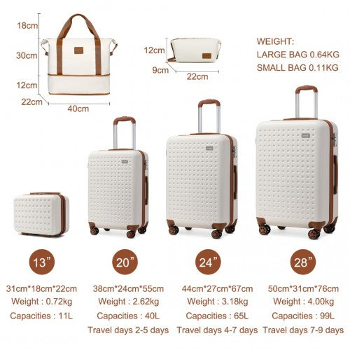 Kono 6 Piece ABS Travel Set with Hard Shell Suitcase Vanity Case Weekend Bag and Toiletry Bag - Cream/Brown