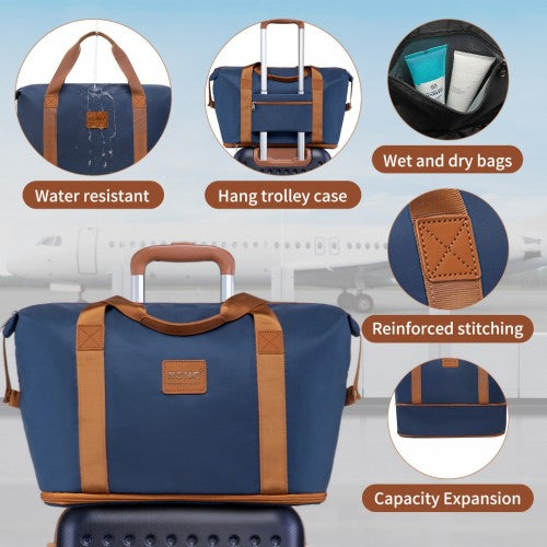 Kono 6 Piece ABS Travel Set with Hard Shell Suitcase Vanity Case Weekend Bag and Toiletry Bag - Navy/Brown