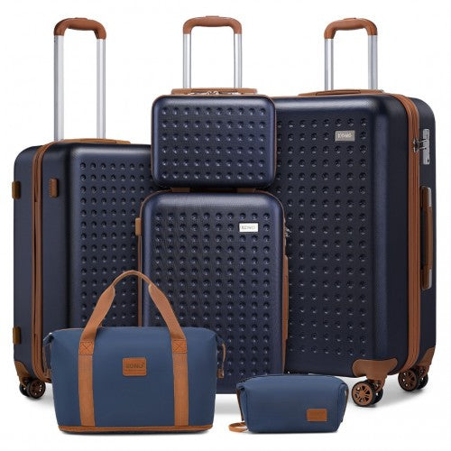 Kono 6 Piece ABS Travel Set with Hard Shell Suitcase Vanity Case Weekend Bag and Toiletry Bag - Navy/Brown