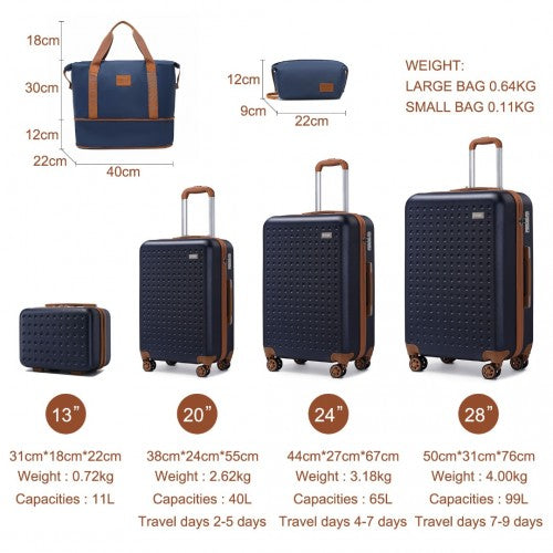 Kono 6 Piece ABS Travel Set with Hard Shell Suitcase Vanity Case Weekend Bag and Toiletry Bag - Navy/Brown