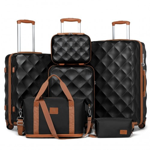 British Traveller 6 Piece Ultralight ABS and Polycarbonate Suitcase Set with Travel Tote and Cosmetic Pouch - Black/Brown